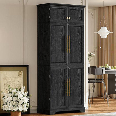 Armoire de cuisine de campagne de 78,2 po de hauteur avec 8 tablettes de porte, armoire de rangement avec 4 tablettes réglables, tiroir caché, support à vin, armoire polyvalente pour la cuisine, la salle à manger et la salle de bain, noir cendré