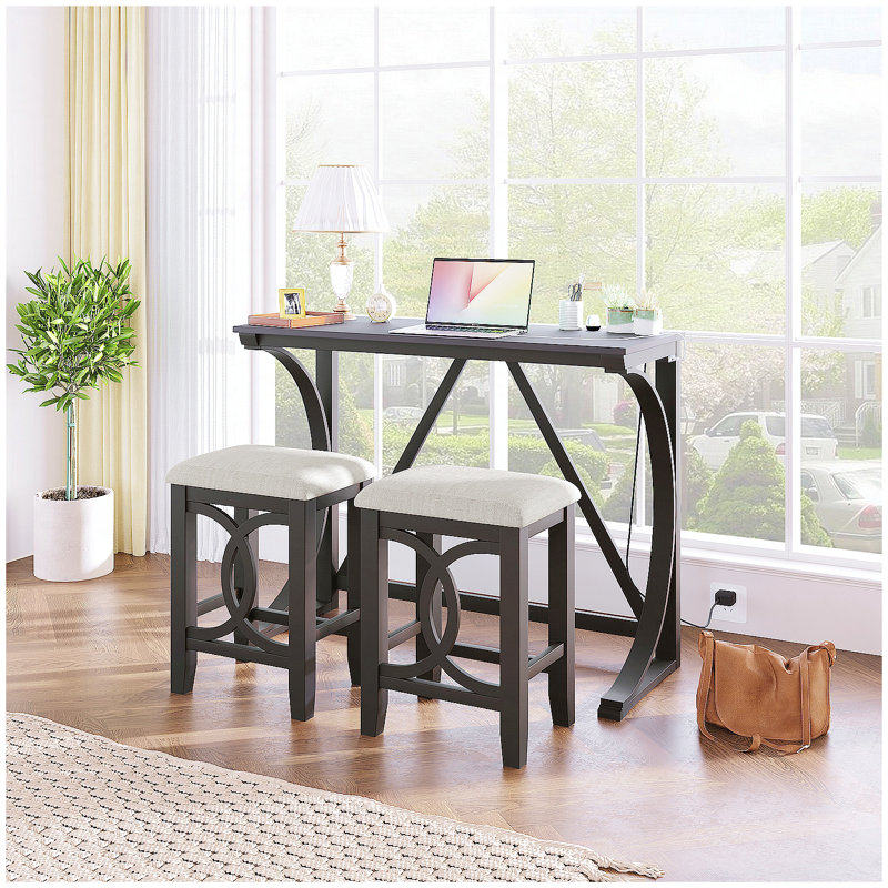 Farmhouse 3-Piece Counter Height Dining Table Set with USB Port and Upholstered Stools, Espresso Finish, Brown