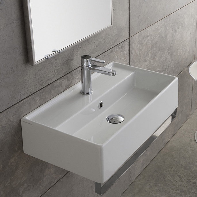Scarabeo By Nameeks Teorema 13.4'' White/Chrome Ceramic Rectangular Bathroom Sink with Overflow, 8" Widespread