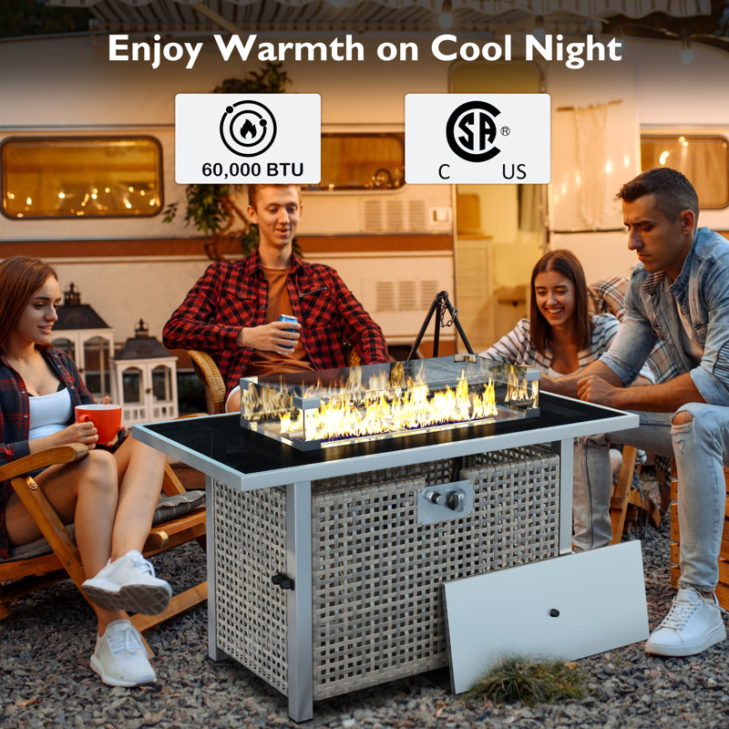 Roomfitters 43" Propane Fire Pit Table, 60,000 BTU Rectangular Wicker Fire Pit with Glass Wind Guard for Patio, Grey, Grey