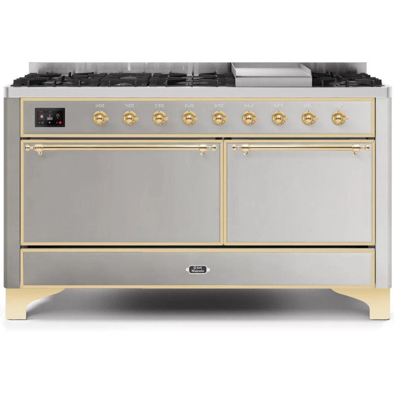 ILVE UM15FDQNS3BKCLP Majestic II 60 inch Dual Fuel Range with 9 Burners, Griddle (Liquid Propane, Solid Door, Glossy Black, Chrome)