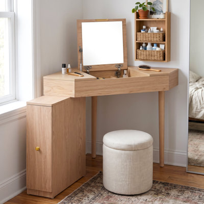 Abella Modern Corner Makeup Vanity Desk with Mirror, Storage Cabinet & Drawers for Bedroom & Dressing Room