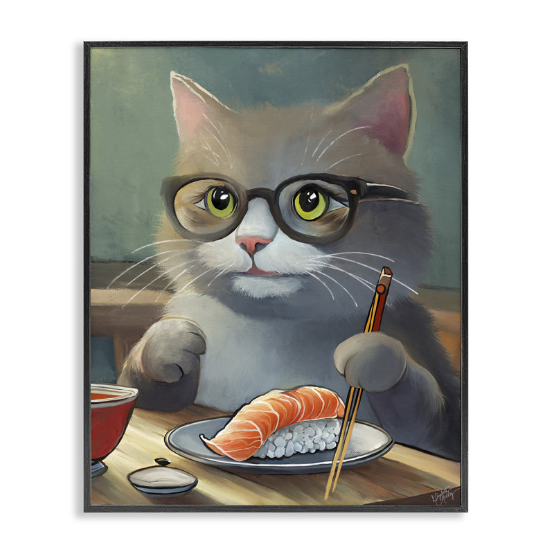 «Cat Eating», estampe numérique par Elizabeth Medley, H 30 po x l 24 po, Giclée encadrée noir minuit
