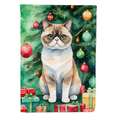 Chat avec le drapeau de la cabane dans l'arbre de Noël