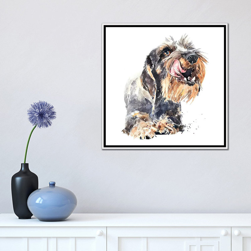 «Wirehaired Dachshund I» par EdsWatercolours - impression, Pas de tapis, H 18 po x l 18 po x 1,5 po, Toile blanche encadrée