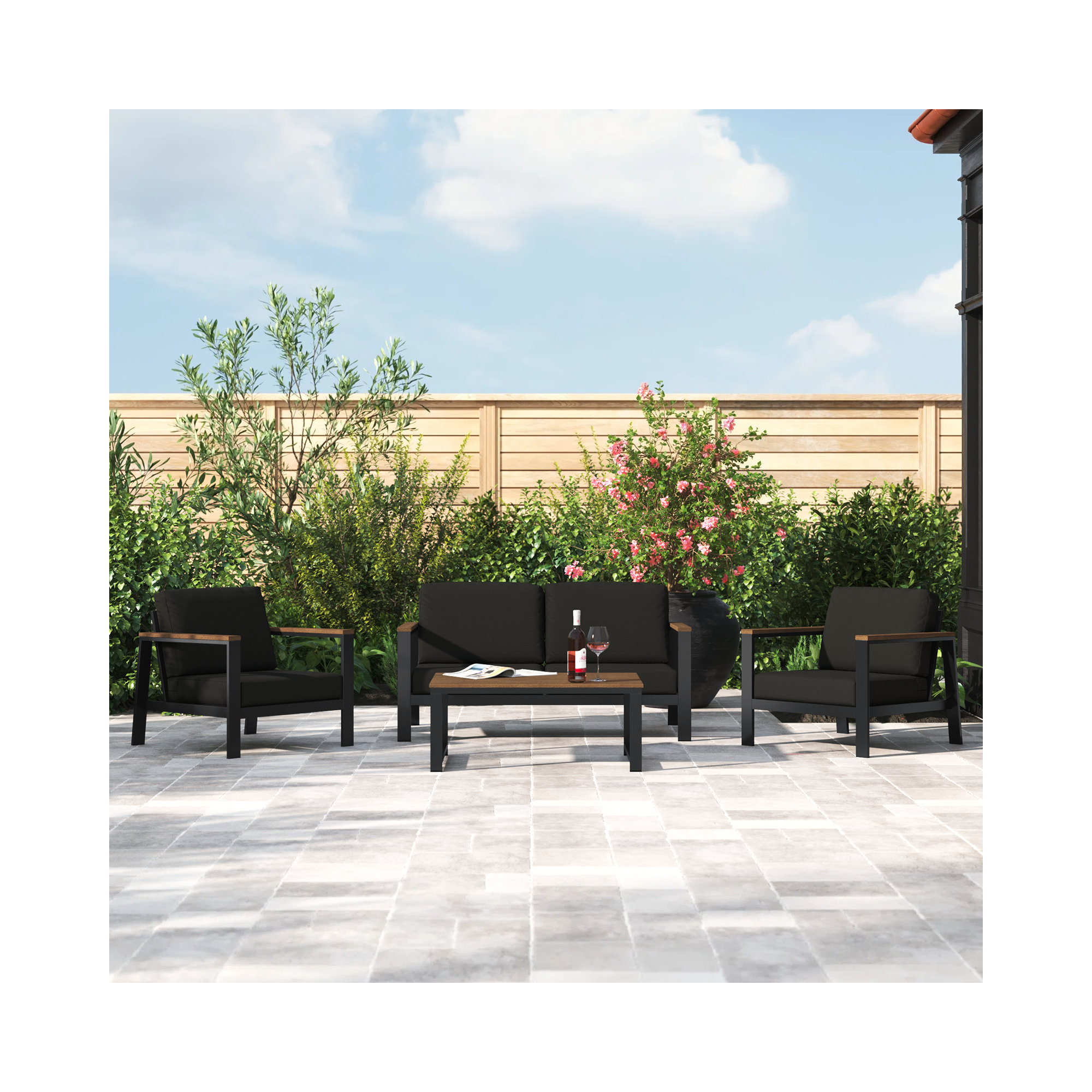 Townsend 4 Piece Sofa Seating Group with Sunbrella Cushions, Brown, Canvas Black