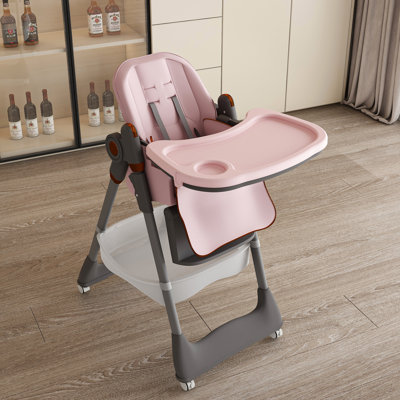 Adjustable Pink High Chair 0 - 6 Years, Featuring Pp Tray, 3 Position Reclining , Waterproof Pu Cushion, And Storage Bag For Dining Multi Functional Foldable Feeding Seat With Belt, Silent Lockable