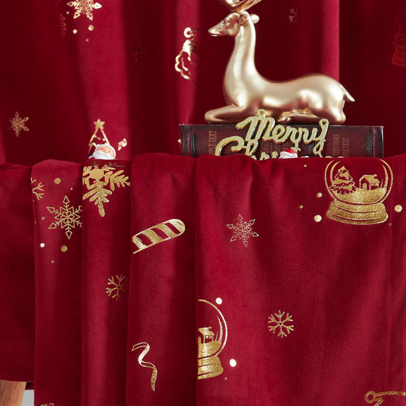 Christmas Snowflake Rod Pocket Velvet Curtains for Living Room, 52" W x 63" L, Golden Foil/Red