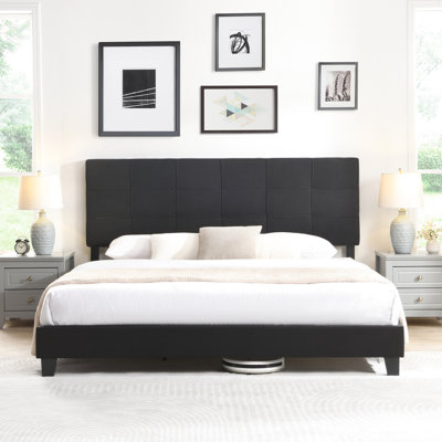 Lit tapissier noir très grand - Tête de lit en lin sans sommier à lattes en bois Instructions d'assemblage faciles 47,72 po Plateforme haute avec tête de lit, ressort, support, assemblage, accessoire de chambre à coucher noir