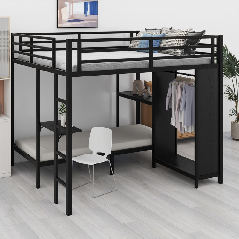 Structure de lit superposé avec garde-robe intégrée et bureau pliable