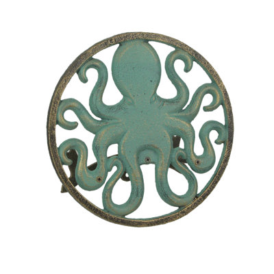 Coastal octopus cast iron wall-mounted hose hanger with verdigris and bronze accents — 12 in. diameter, 5.75 in. deep, 75–100 ft capacity