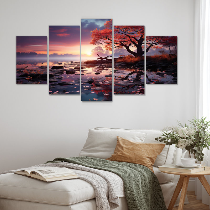«Red Autumn Tree Floating Leaves Sunset Lake», ensemble d'art mural 5 pièces