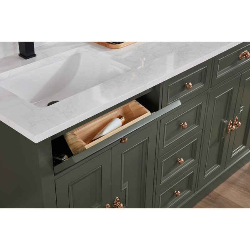 60" Solid Wood Sink Vanity With 1" Artificial Stone Top, Pewter Green, Rose Gold