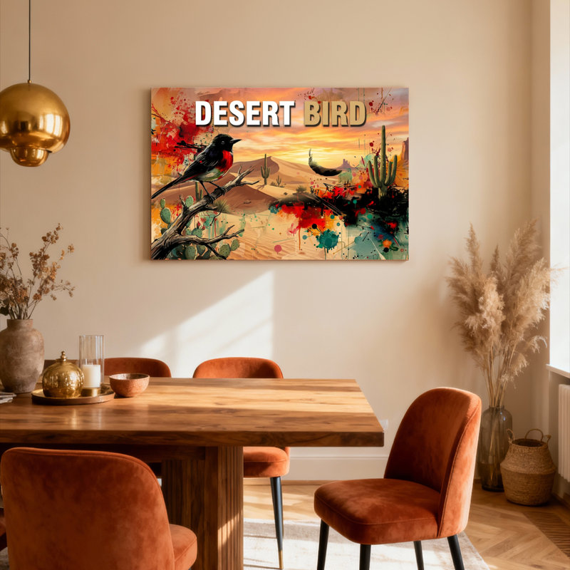 Tableau sur toile tendue représentant un paysage désertique avec des oiseaux, des cactus et un coucher de soleil, idéal pour décorer un salon ou une chambre.