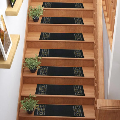 Machine Washable Stair Treads Loop Pile Trellis Border Black Colour 8.5 Inches X 26 Inches Skid Resistant Stair Treads Set Of 15