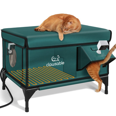 Clawsable Elevated Outdoor Heated Cat House With Built In Camera Perfect For Stray Feral And Pet Cats,Dark Green (L)
