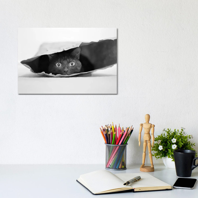 Cat In A Bag by Jeremy Holthuysen - Wrapped Canvas Print, 20.32 cm H x 30.48 cm W