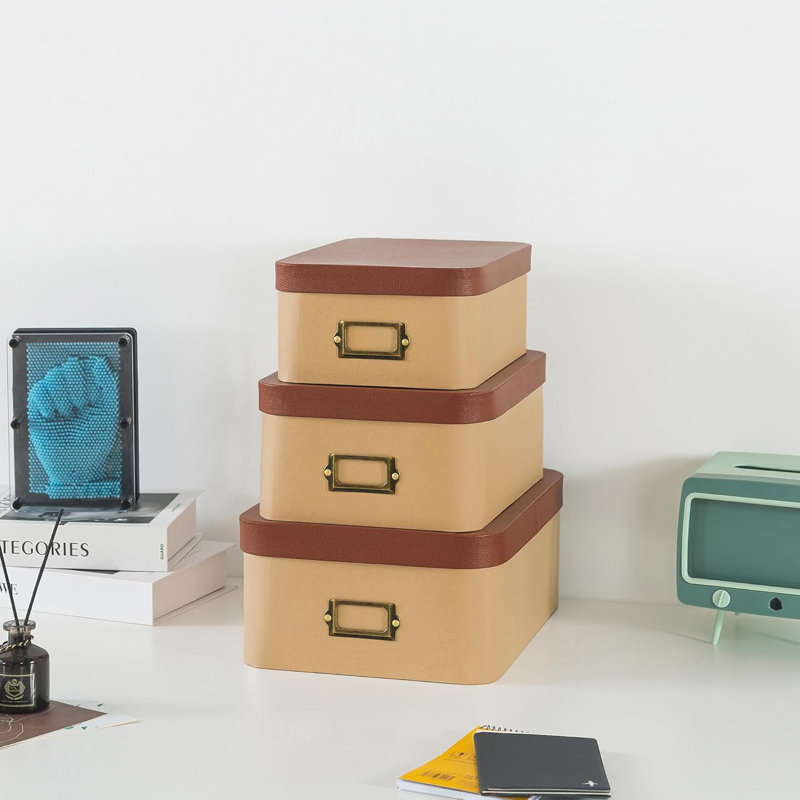 Kraft Decorative Boxes With Light Leather Lids, Set Of 3 Cardboard Memory Boxes For Keepsakes With Bronze Label Holders, Perfect For Home And Office Decor And Organizing