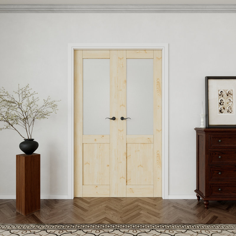 Porte intérieure semi-vitrée en pin massif naturel avec verre dépoli, style colonial, double porte-fenêtre, verre trempé certifié SGCC, cadre blanc et quincaillerie noire mate - poignée de porte avec serrure, loquet et charnières, non finie et à peindre, 122 cm x 203 cm