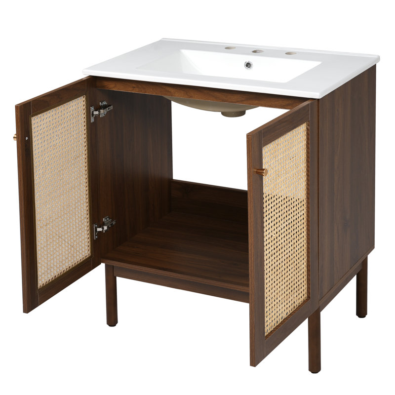Bristol 30" Freestanding Bathroom Vanity with Handwoven Rattan Doors & Ceramic Sink, Noyer foncé