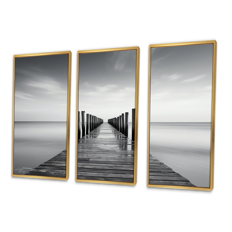 Quam - ensemble d'art mural en toile Coastal Pier, Cadre flottant doré, H 28 po x l 36 po x P 1 po