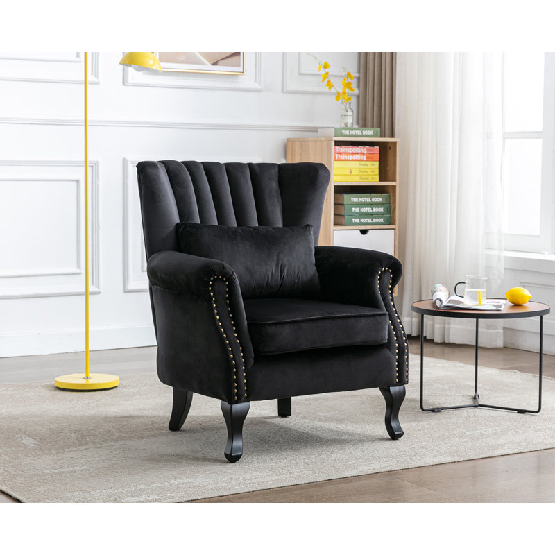 Fauteuil à oreilles en velours bleu sarcelle avec coussin Dorava, Noir