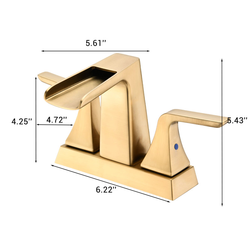 Two Handle Brushed Golden Bathroom Sink Faucet With 4 Inch Waterfall - Solid Brass Build For Durability And Stability Adjustable Water Temperature Double Handles Ceramic Cartridge Fits 2/3 4-Inch