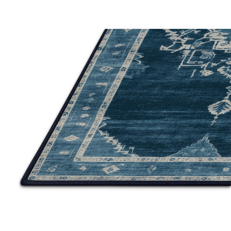 Machine Washable Overdyed Blue Area Rug, Rectangle 7' x 9'