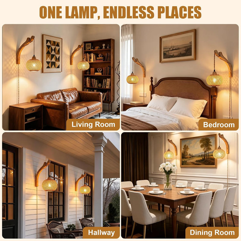 Applique murale en bambou avec prise, lampe murale en osier avec cordon d'alimentation, applique murale rustique en rotin tressé à la main, applique murale bohème, éclairage mural pour salon ou chambre