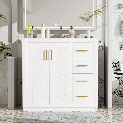 High Quality Modern Bathroom Vanity With Ceramic Sink Combo - Solid Wood Frame Bathroom Storage Cabinet With 3 Drawers & Soft Closing Doors