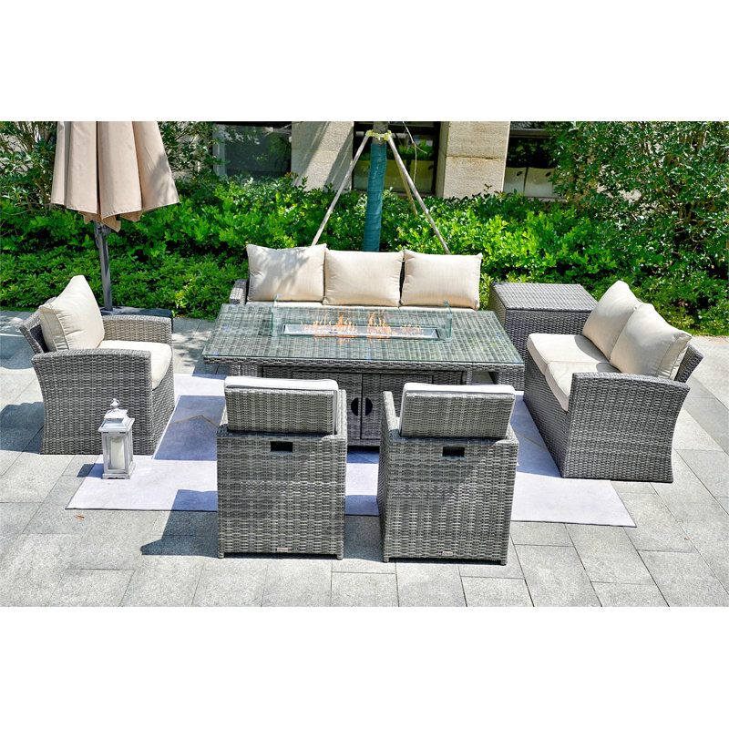 Aesha 8 - Person Wicker Patio Dining Set with Rectangular Table , Cushions Included