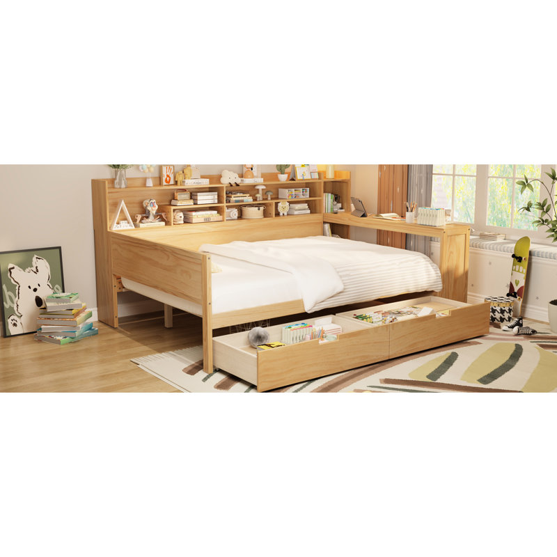 Lit de jour en bois naturel avec rangement spacieux et bureau pour un espace de vie sophistiqué, Naturel