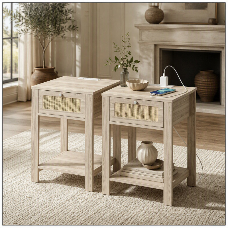 2 pièces, table de bout, table de chevet avec station de charge, tiroir et tablette ouverte