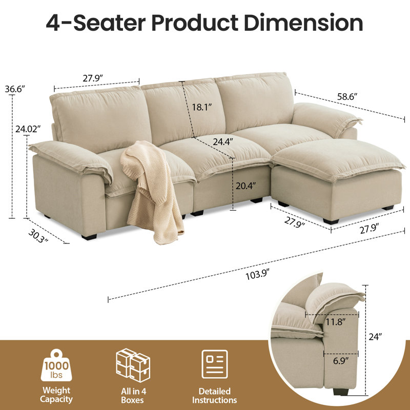 103" Chenille Upholstered Cloud Sofa Modular Sectional Couch 4-Seater L-Shaped Comfy Sofa with Ottoman for Living Room 