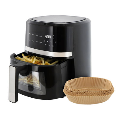 4 Quart Digital Led Display Electric Air Fryer With Transparent Window, 1350w, Black Stainless Steel, Includes 125 Paper Liners