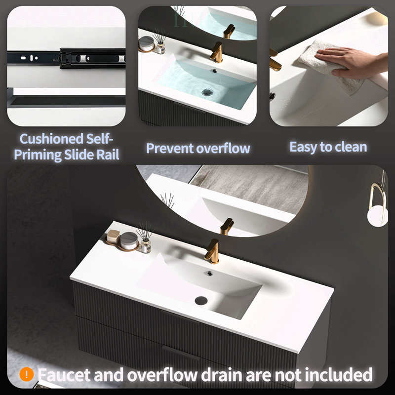 Meuble-lavabo suspendu de 122 cm (48 po) avec lavabo en céramique et tiroirs, design moderne et compact.