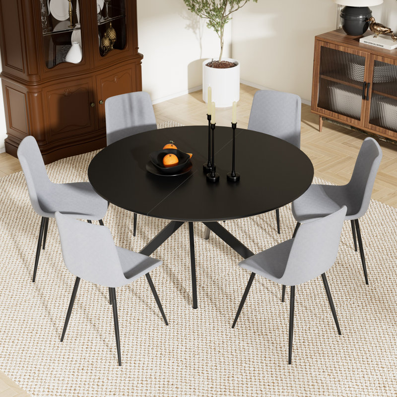 47.2'' Round Dining Table Set, Black, 7