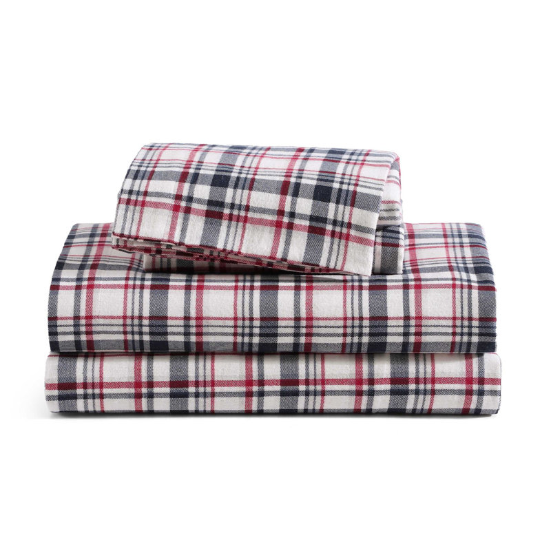 Tommy Hilfiger Glenbrook Plaid Blue Cotton Flannel Sheet Set, Queen Sheet Set with 2 Pillowcases, Blue/Black Plaid