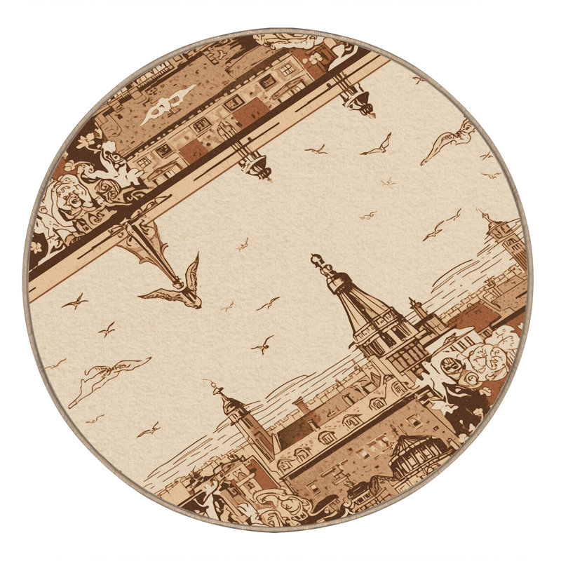 Tapis doux moelleux en toile de lin à motif français beige Beige, Rond 4 pi