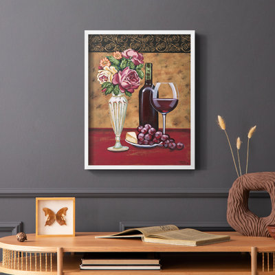 «Vintage Flowers & Wine I», reproduction encadrée - bois massif