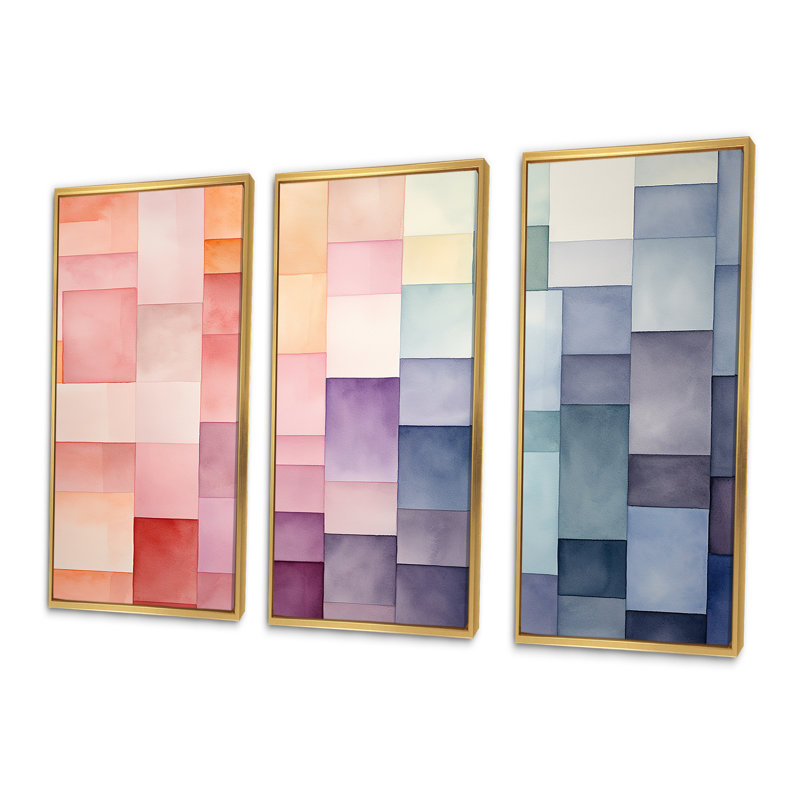 Motif de cubes multicolores III - art mural géométrique, Cadre flottant doré, H 40 po x l 61 po x P 1 po