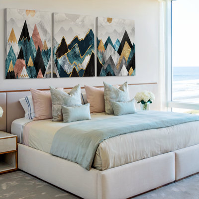3 Pieces Exculisive Teal Black Gold and Rose Geometric Mountain Large Wall Art Modern Panoramic, Canvas Decor for Living Room, Bedroom and Office