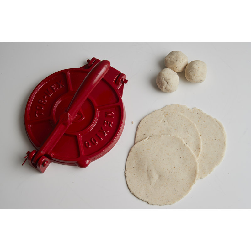 Red 6" Cast Iron Tortilla Press Kit with Napkin
