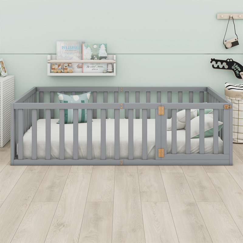 Structure de lit en bois avec clôture et porte, Double, Gris