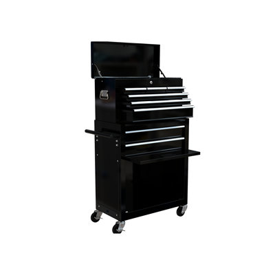 Black High Capacity 8 - Drawer Rolling Tool Chest, Steel Unit, 4" , Lockable Drawers, Hanging Hooks, Working Surface Chest In Black, Storage, Central Lock, Bearing Pull Handle, Surface, Hooks For