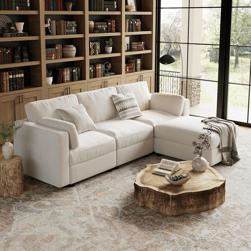Canapé modulaire modulaire avec repose-pieds, canapé convertible en L 4 places pour le salon, Beige