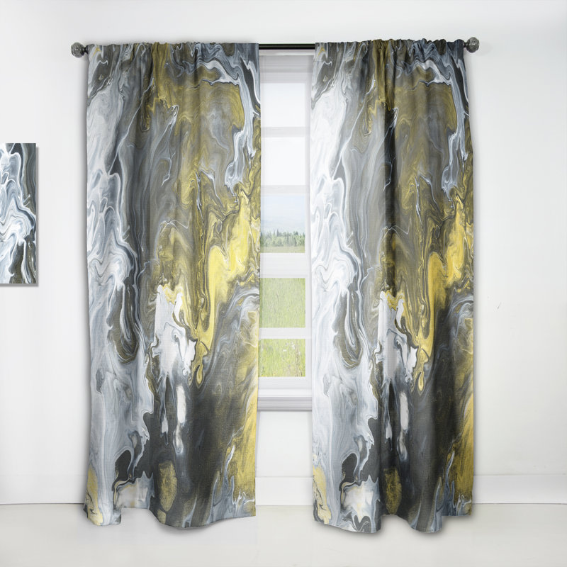 Noir, blanc et jaune liquide marbre Art II - rideau en velours moderne - obscurcissant - 1 panneau, L 52 po x L 120 po