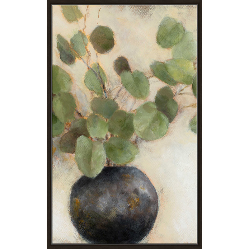 «Eucalyptus Leaves in Black Vase» par Lanie Loreth - peinture sur toile à cadre flottant, L 39,5 po x H 63,5 po