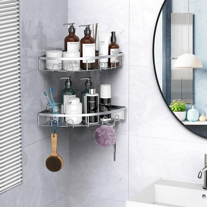 Corner Shower Caddy - Silver - 2-Pack Adhesive Bathroom Corner Organizer Shelves, No-Drill Rustproof Wall-Mounted Shower Storage Rack With Shampoo Holder