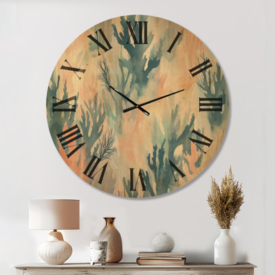 Grande horloge murale en bois silencieux - motif corail et algues